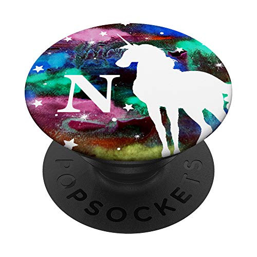Unicorn Monogram Letter N Initial - Colorful Clouds  and  Stars PopSockets Grip and Stand for Phones and Tablets