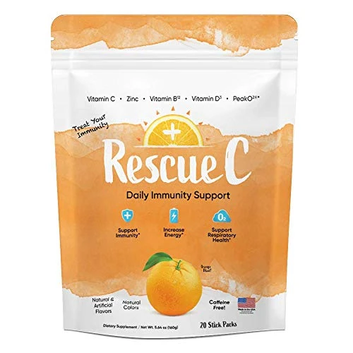 RescueC Orange Blast Zinc Vitamin C Lions Mane Cordyceps and Reishi  Immune System Booster 20 Count On-The-Go Pouch