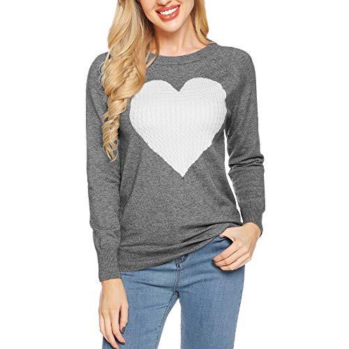 SATINIOR Womens Love Heart Graphic Casual Crew Neck Long Sleeve Knitted Patchwork Pullover Sweater Gray M