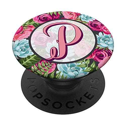 Letter P Initial Monogram Floral Rose Purple Pink Pattern PopSockets Grip and Stand for Phones and Tablets