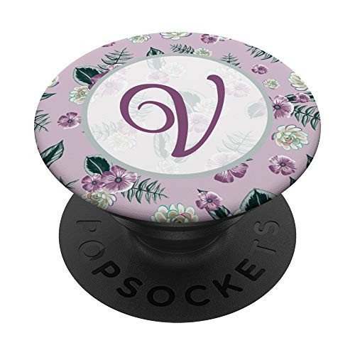Letter V Initial Monogram Floral Romantic Purple Pattern PopSockets Grip and Stand for Phones and Tablets