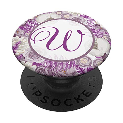 Letter W Initial Monogram Floral Rose Gray Purple Pattern PopSockets Grip and Stand for Phones and Tablets