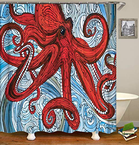 TJZ HOME Red Octopus Shower Curtains  Modern Funny Designer Octopus Fabric Polyester Cloth Print Bathroom Curtains Include Hooks Set 72?w by 72?L TP595