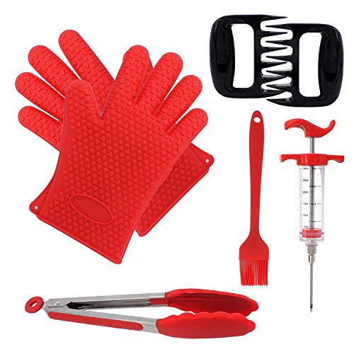 BBQ SET, Heat Resistant Silicone Cooking Gloves, Pair of Meat Claws, silicone- tipped tongs, Silicone Basting Brush, Meat Injector Syringe for Cooking, Grilling, Baking. BBQ Barbecue Tool Accessories