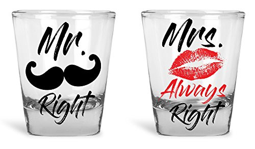 Funny Wedding Gifts For The Couple - Mr. Right and Mrs. Always Right Novelty Shot Glass Set - Bride and Groom Gifts With Box - Engagement, Wedding, Anniversary, Holiday Gifts by Funny Bone Products