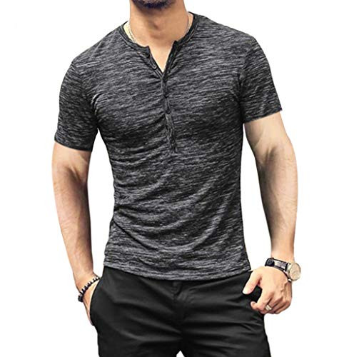BABEIYXM Summer T-Shirts for Men Boys Notch V Neck Henley Shirts Button Down Short Sleeve Tops Soild Color Casual Tees Grey L