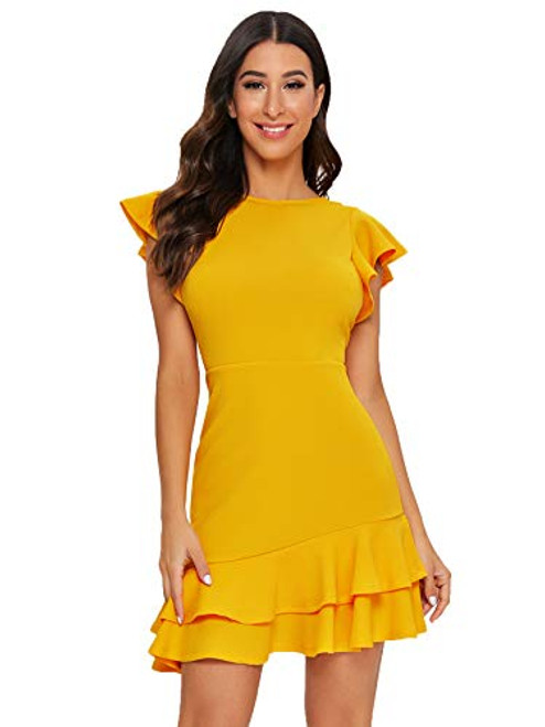 Floerns Womens V Back Inslace Layered Ruffle Hem Flutter Sleeve Dress Yellow M