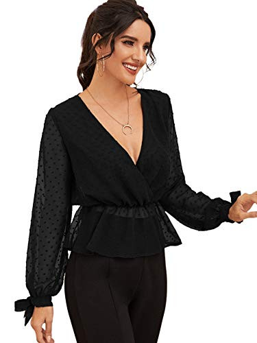 Romwe Womens Long Sleeve Deep V Neck Swiss Dot Ruffle Hem Knot Summer Blouse Top Black M
