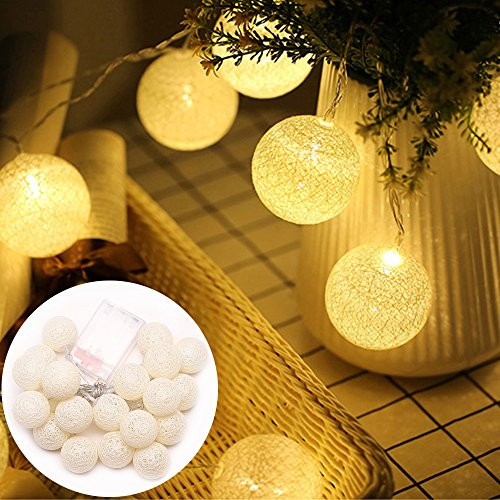 20 LED Cotton Ball Globe String Lights Warm White Battery Powered Globe Fairy Lantern Lights For Garden Party Home Decoration- White