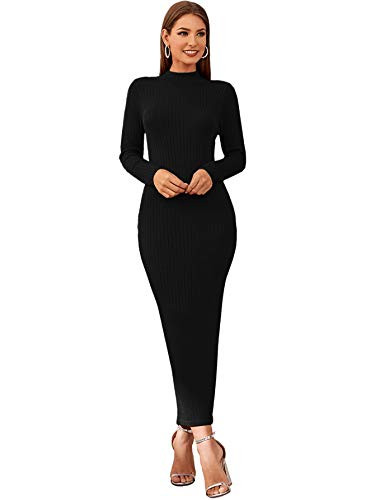Floerns Womens Solid Ribbed Knit Long Sleeve Bodycon Sweater Dress Black M