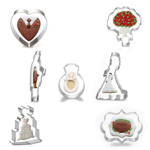 Wedding Cookie Cutter Set - Set of 7 - Bridegroom, Bride, Bouquet Flower, Diamond Ring, Plaque Frame, Wedding Cake, and Heart - in Durable Stainless Steel Wedding Cookie Cutter Set - Set of 7 - Bridegroom, Bride, Bouquet Flower, Diamond Ring, Plaque Frame, Wedding Cake, and Heart - in Durable Stainless Steel