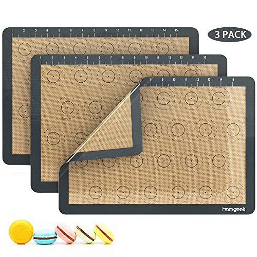 Homgeek Silicone Macaron Baking Mat with Measurements, Set of 3 Large Reusable Professional Non Stick Silicon Liner for Bake Pans & Rolling, Macaroon/Pastry/Cookie Making, 16.5" x 11.6", Brown