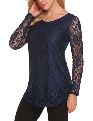SoTeer Lace Shirt Women Elegant Long Sleeve Dressy Tops Curved Hem Double Layer Blouse Blue M