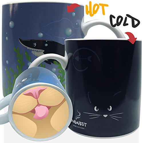 InGwest Home. Funny Coffee Mug with Cat and Funny Tongue on Bottom. 11 ounce. Changing Color Mug. Ceramic Heat Sensitive Color Changing Mug. Novelty Heat Sensitive Mug
