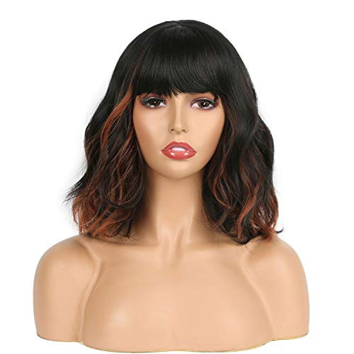 Wavy Bob Wigs with Bangs for Women Black Mixed Brown Color Short Wavy Bob Curly Wig Synthetic Natural Looking Heat Resistant Fiber Hair Wavy Bob Wigs with Bangs for Women Black Mixed Brown Color Short Wavy Bob Curly Wig Synthetic Natural Looking Heat Resistant Fiber Hair