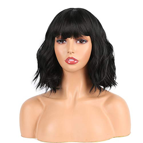 Synthetic Curly Bob Wig with Bangs Short Bob Wavy Hair Wig Wine Red Color Shoulder Length Wigs for Women Bob Style Synthetic Heat Resistant Bob Wigs
