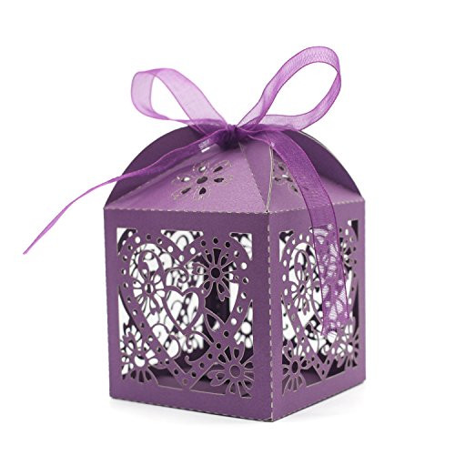 KEIVA 70 PCS Laser Cut Love Heart Candy Boxes, 2.4"x 2.4"x 3.5" Favor Box Gift Boxes for Bridal Shower Birthday Party Wedding Favor with Ribbons (Big-Purple)