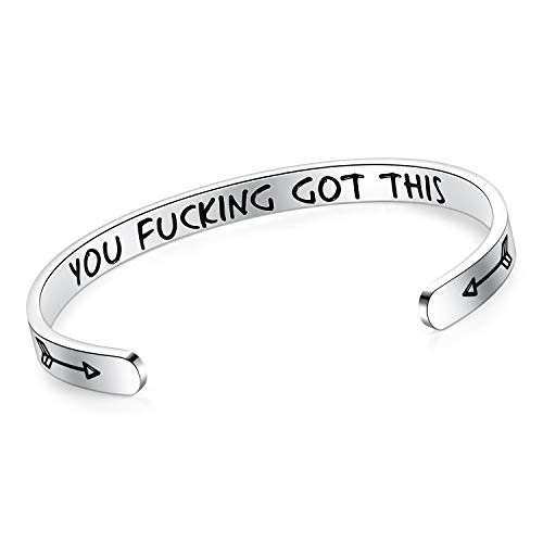 SAM  and  LORI Inspirational Cuff Bracelet Bangle Keep Going Motivational Mantra Quote Stainless Steel Engraved Best Friend Sister Gift for Women Teen Girls You fAcking got this
