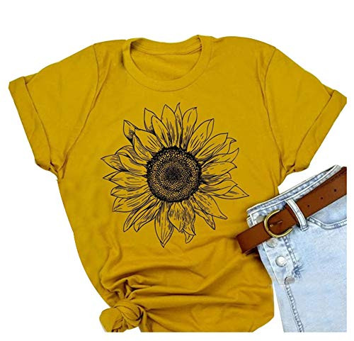 Women Short Sleeve Sunflower T-Shirt Cute Funny Graphic Tee Teen Girls Casual Shirt Tops S Yellow
