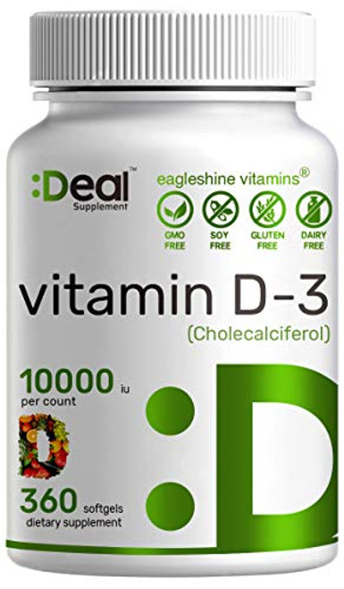 Sunshine Vitamin D - Vitamin D3 10000 IU 360 Softgels One Year Supply Support Healthy Muscle Bones Teeth and Immune System - Extra Strength Vitamin D Supplements