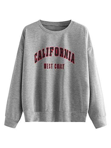 SweatyRocks Womens Graphic Letter Print Crewneck Long Sleeve Pullover Sweatshirt Top Grey M