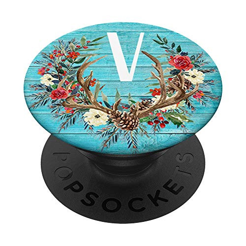 Letter V Teal Monogram PopSocket Wood Deer Initial V Gift PopSockets Grip and Stand for Phones and Tablets