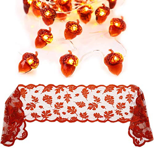 Thanksgiving Decor Set Fireplace Scarf Fall Table Runner 13 x 72 Inch Maple Leaves Mantle Scarf and 40 LED Acorn String Light Battery Powered String Light for Thanksgiving Home Autumn Decorations