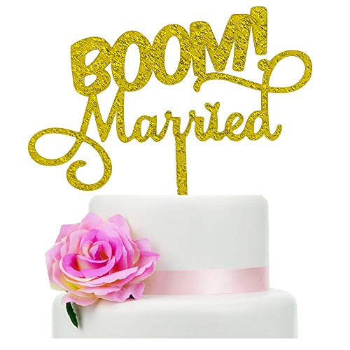 TzTwodcaz Gift Boxed BOOM Married Wedding Cake Topper Golden Acrylic Funny Cake Topper Quirky Nerdy Topper Gold BOOM