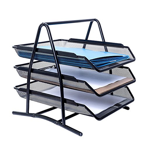 MONBLA 3-Tier File Rack Metal Mesh Letter Tray Scratch-resistant Stackable Foolscap Rack Desk Document Organizer