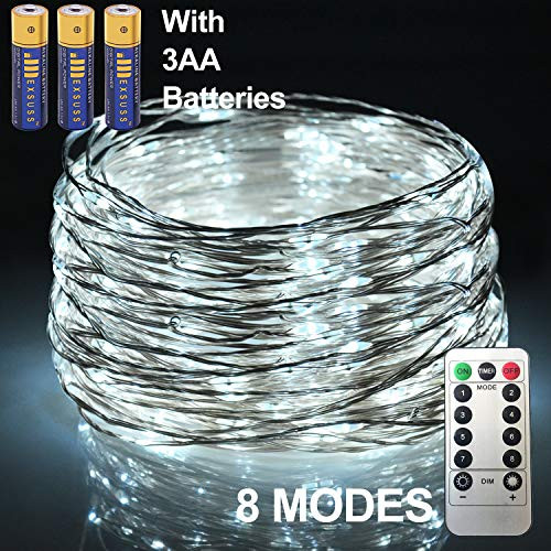 JMEXSUSS 8 Modes Timer Remote Control Fairy String Light 100 LED 32.8ft Battery Operated Waterproof Dimmable Copper Wire Lights for Christmas, Room, Wedding, Party Decor (100LED, White, with Battery)