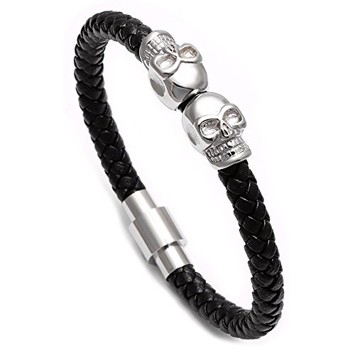 Meangel Braided Leather Bracelet for Men Stainless Steel Twin Skull Bangle Magnetic-Clasp
