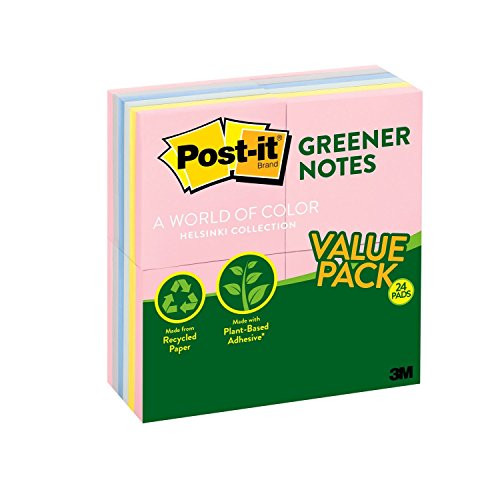 Post-it Greener Notes, 3 in x 3 in, Helsinki Collection, 24 Pads/Pack, 100 Sheets/Pad (654RP-24AP)