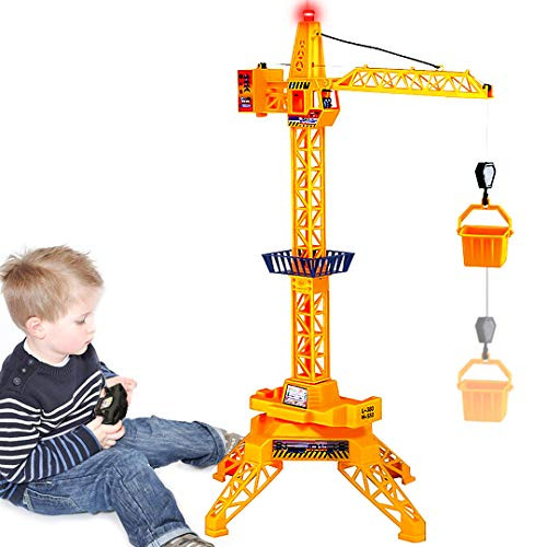 Ziwing Large Wired Remote Control Tower Crane Construction Playset Toy for Toddlers Kids Boys Girls Birthday Crane Toy with 360 Degree Rotation  and  Tower Light  and  Lift Model Functions