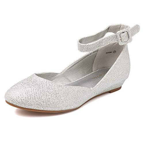 DREAM PAIRS Womens Revona Silver Glitter Low Wedge Ankle Strap Flats Shoes - 7 BM US