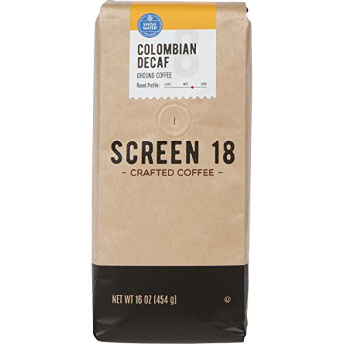 Screen 18 Swiss Water Decaf Colombian Single Origin Premium Crafted Coffee, Ground, Medium/Dark Roast, 1 LB Bag, Chemical Free Decaffeination