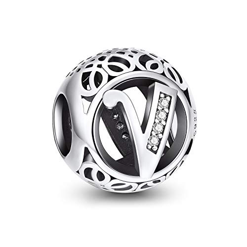 NINGAN V Letter Alphabet Charm 925 Sterling Silver A-Z Initial Beads Fits Europeans Bracelet and Necklace