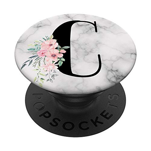 Black Monogram Pink Floral over Name Initial Letter C PopSockets Grip and Stand for Phones and Tablets