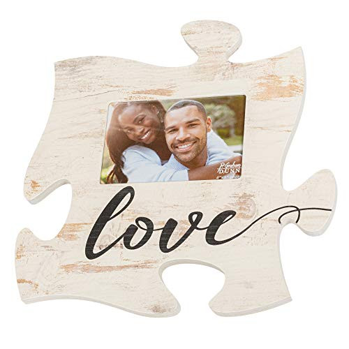 P. Graham Dunn Love Script Design White Distressed Wood Look 4 x 6 Wood Puzzle Wall Plaque Photo Frame
