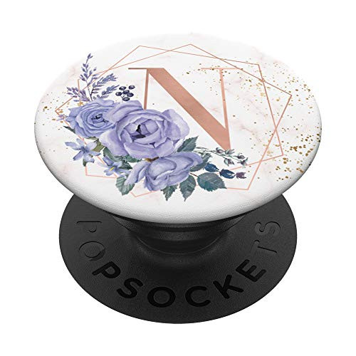 Blue Roses Flowers Floral Rose Pink Monogram letter N PopSockets Grip and Stand for Phones and Tablets
