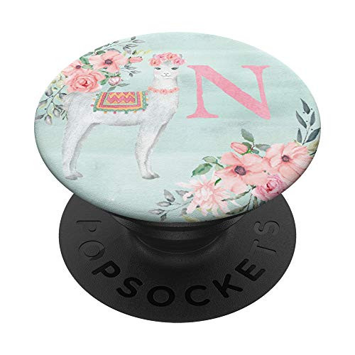 Llama Alpaca Mint Watercolor Monogram Name Initial Letter N PopSockets Grip and Stand for Phones and Tablets