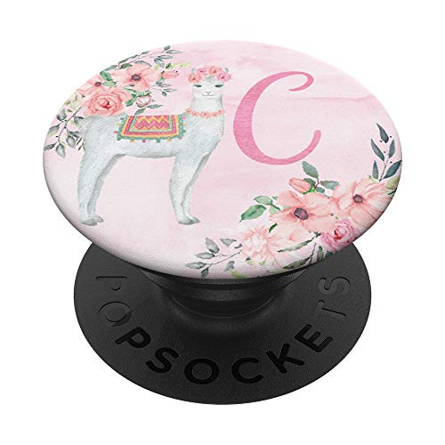 Llama Alpaca Pink Watercolor Monogram Name Initial Letter C PopSockets Grip and Stand for Phones and Tablets