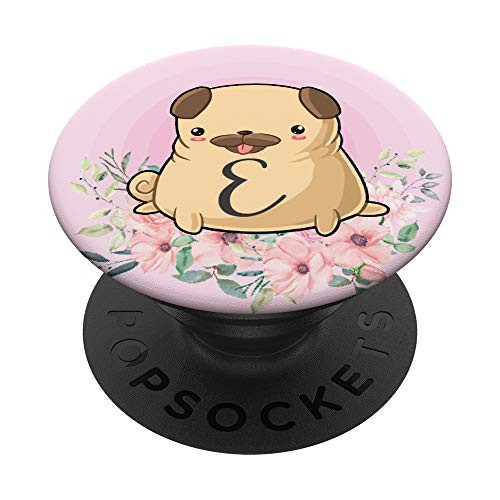 Pug Flowers Pink Monogram Name Initial Letter E PopSockets Grip and Stand for Phones and Tablets