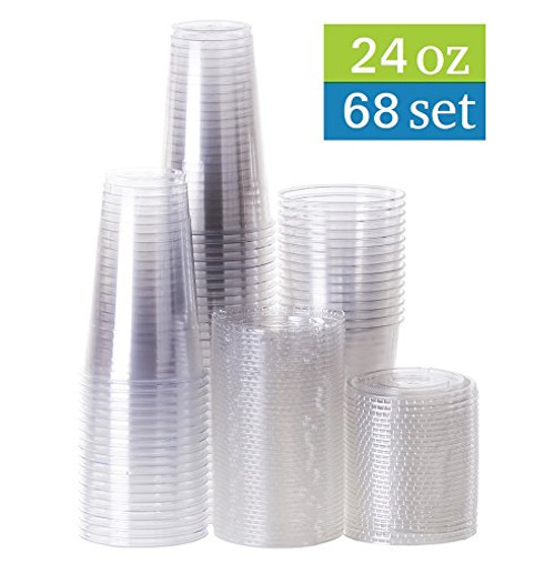 TashiBox 24 oz disposable clear PET plastic cups with flat lids, sets of 68 (68) TashiBox 24 oz disposable clear PET plastic cups with flat lids, sets of 68 (68)