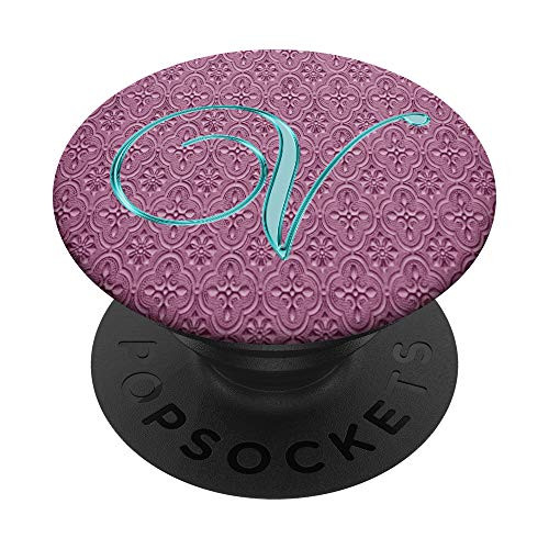 V Teal Oriental Flower Geometric Initial Monogram Letter PopSockets Grip and Stand for Phones and Tablets