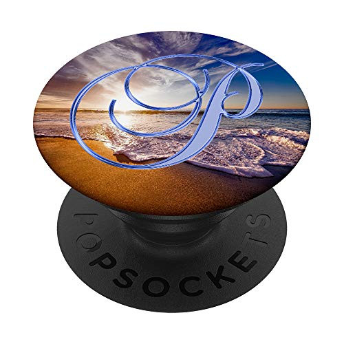 P Blue Beach Ocean Waves Sand Sunset Monogram Initial Letter PopSockets PopGrip Swappable Grip for Phones  and  Tablets