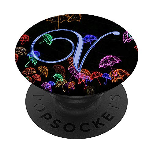 V Blue Umbrellas Abstract Night Dark Monogram Initial Letter PopSockets Grip and Stand for Phones and Tablets
