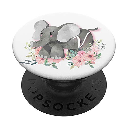 Cute Elephant Pink Flowers Monogram Name Initial Letter V PopSockets Grip and Stand for Phones and Tablets