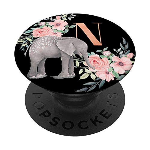 Elephant Flowers Black Monogram Name Initial Letter N PopSockets PopGrip Swappable Grip for Phones  and  Tablets