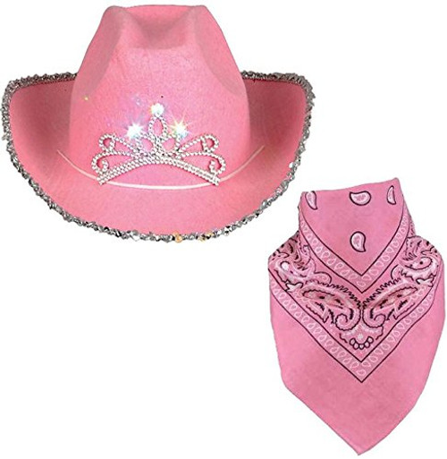 Quality Child Cowboy Costume Hat WithFREE Cotton Paisley Bandanna - Child Pink Blinking Pink Tiara Cowboy Hat with Pink bandana