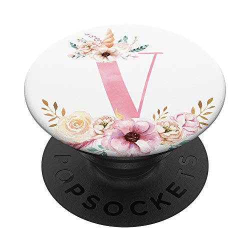 Unicorn Pink Floral Alphabet Monogram Initial Letter V PopSockets Grip and Stand for Phones and Tablets